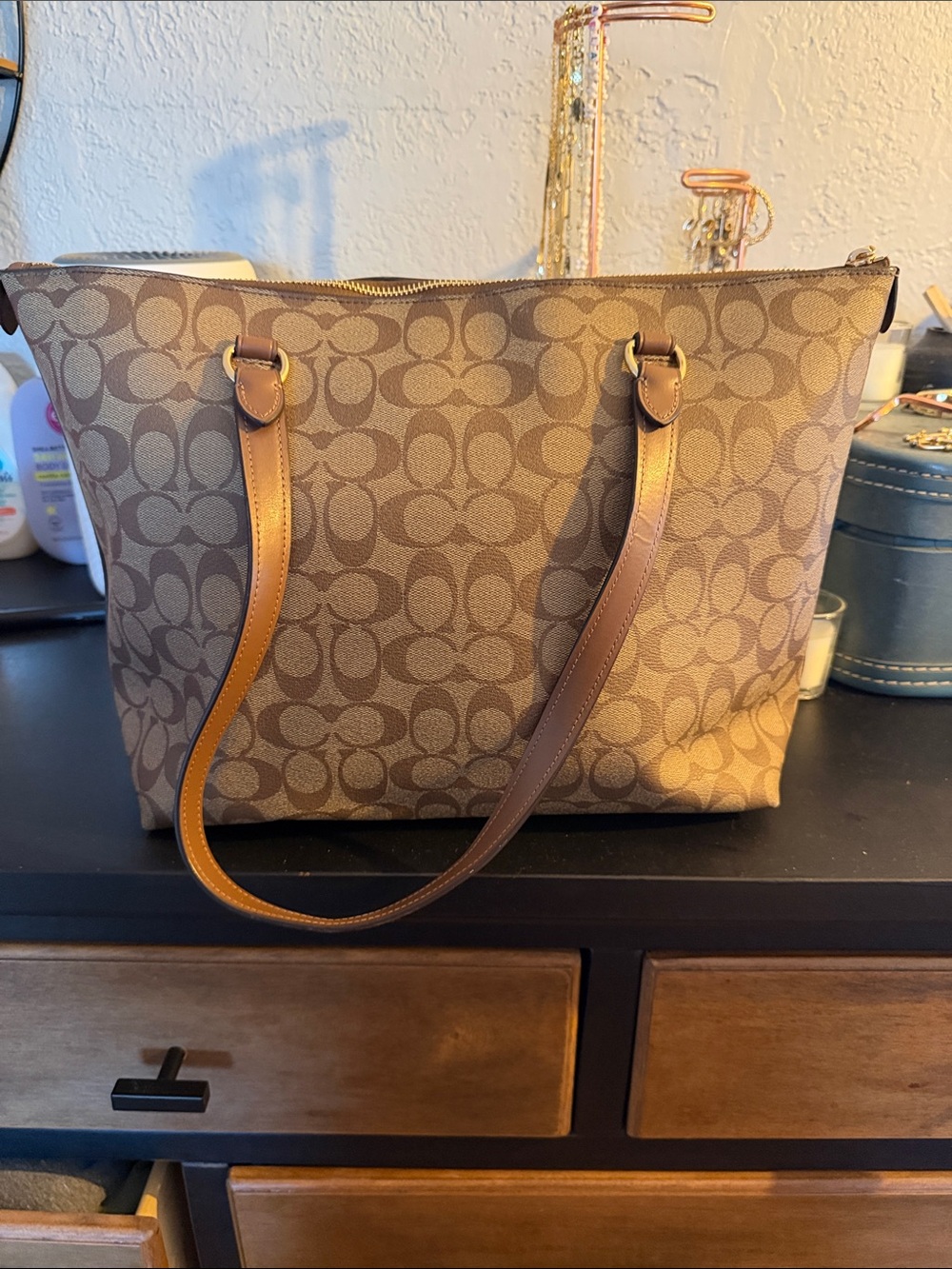 Coach Brown Signature Canvas Tote with Tan Leather Trim - Picture 2 of 4
